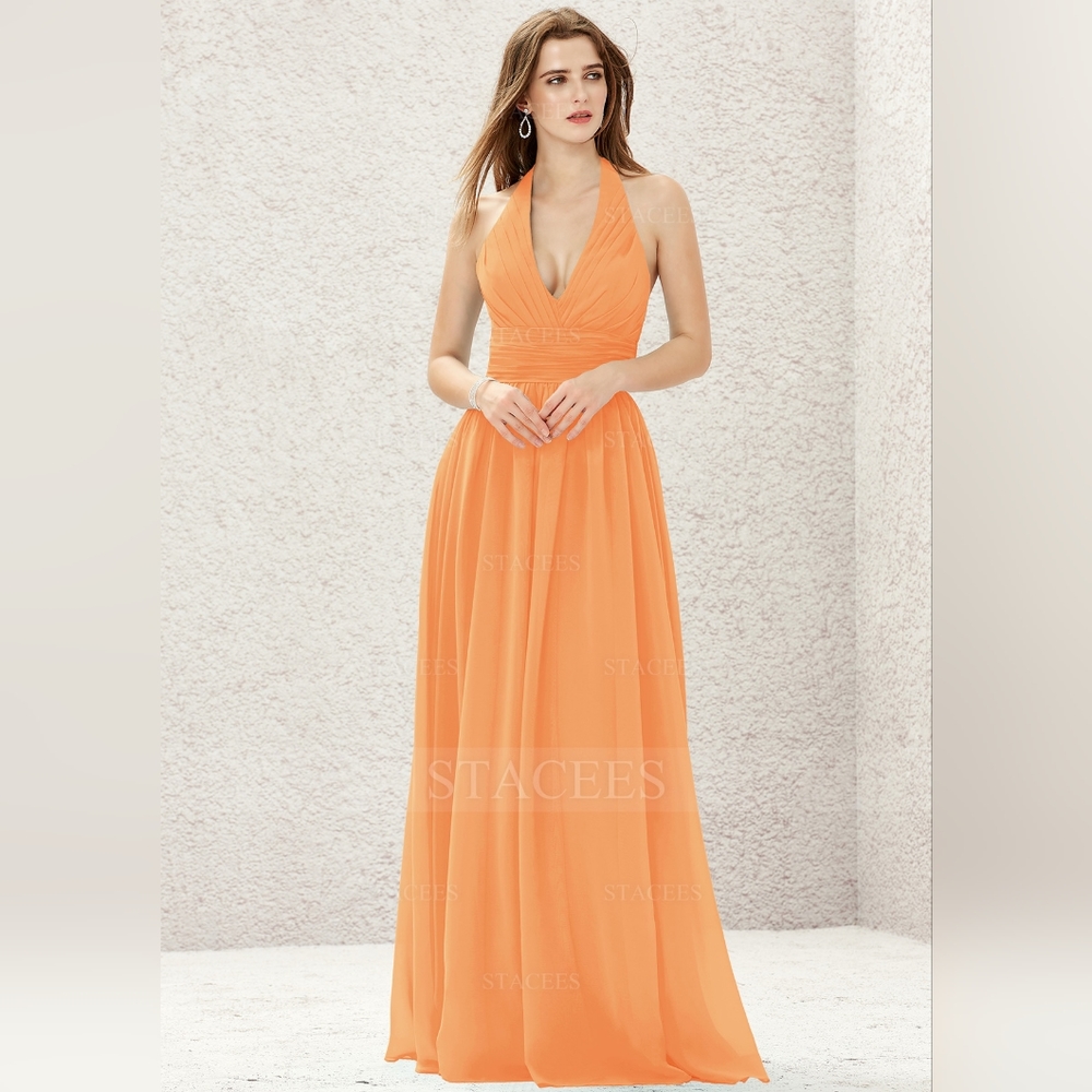 Stacees A-Line Halter Sleeveless Long/Floor Length Chiffon Bridesmaid Dress